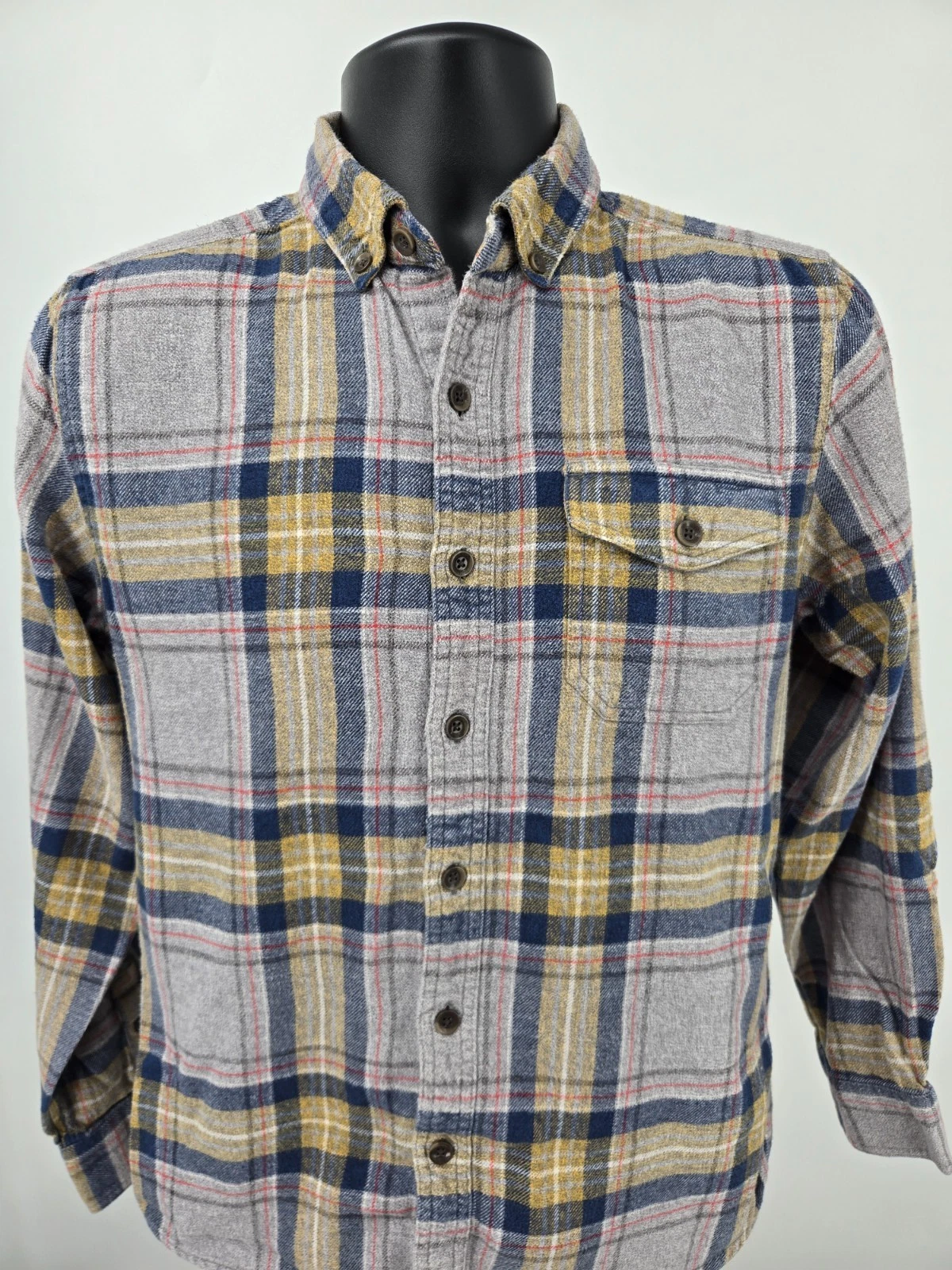 Woolrich Flannel Shirt Small Beige Blue Plaid Pocket Thermal Outdoor Hiking Men
