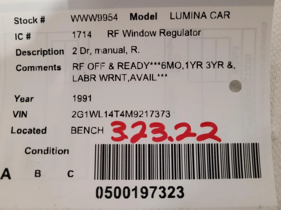 Used Front Right Door Window Regulator Front fits: 1991 Chevrolet Lumina car 2 D - Imagem 3 de 4