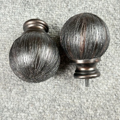 VTG 90s Ball-Shaped Curtain Rod Finials Pair of 2 Black Bronze Striated Texture