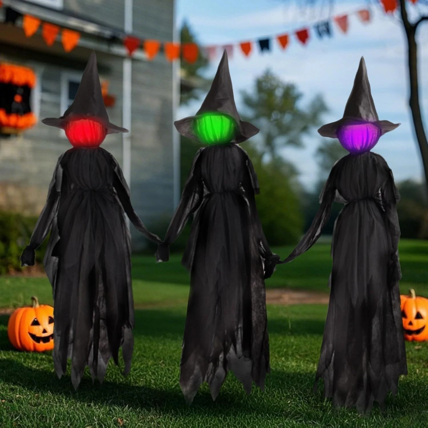 59" 3x Halloween Decorations Outdoor Light-up Witches with Stakes Voice Control 