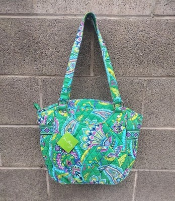 Vera Bradley Iconic Glenna Shoulder Satchel Green Emerald Paisley Access Pockets