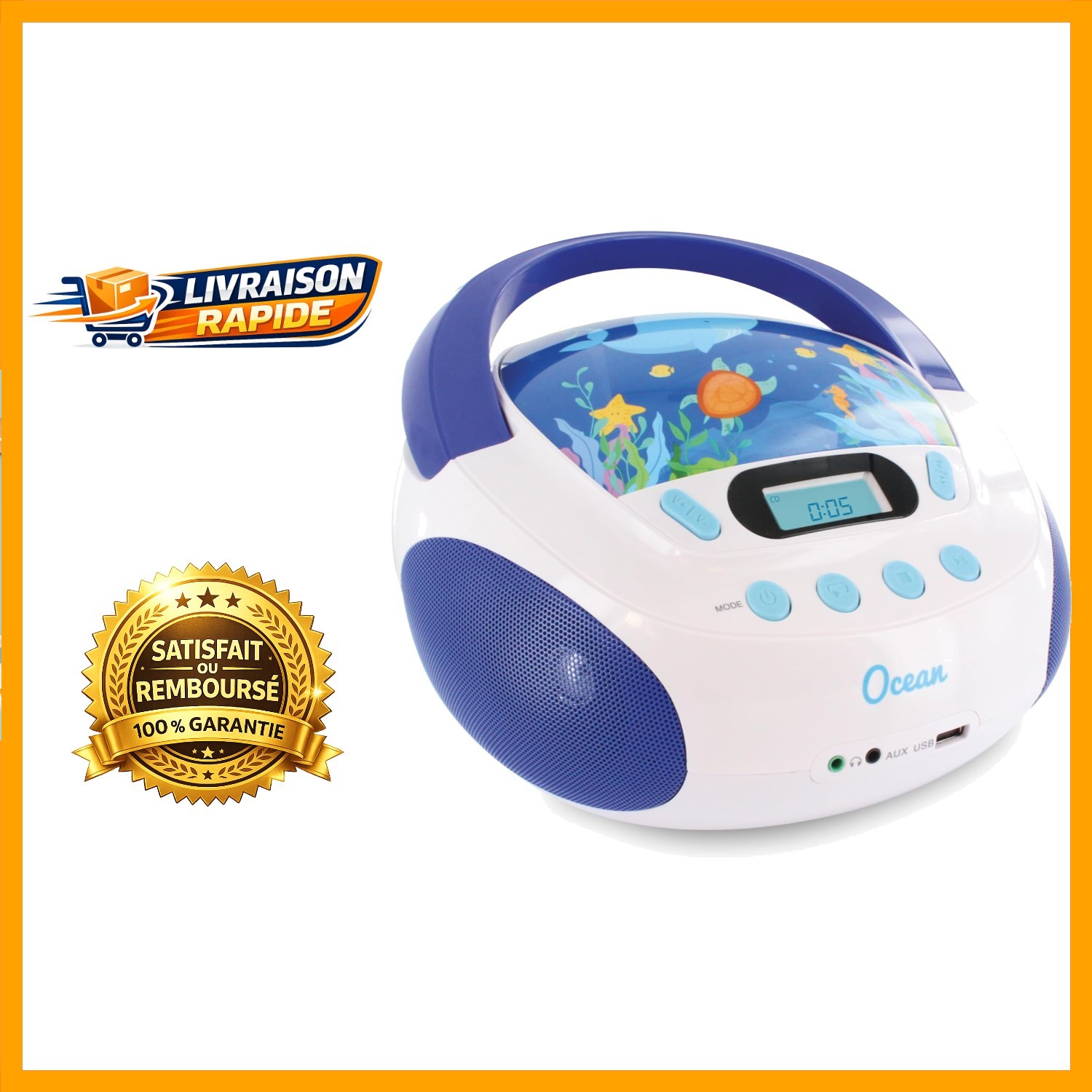 Lecteur CD Enfant Océan bleu portable avec port USB et prise casque