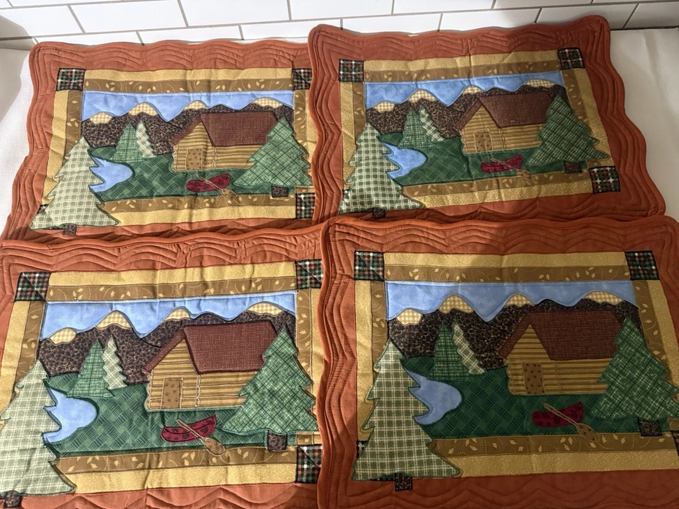 Set of 4 Patchwork Fabric Quilted Placemats Cabin Fall Nature 100% Cotton - Image 2 of 2