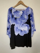 JM Collection Shirt Women 2X Black Purple Floral Blouse Liquid Knit Stretch