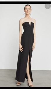 bcbg notched v strapless gown