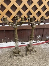 Pair of 3 Arm Candle Vintage Ornate Brass Holders Very Decorative