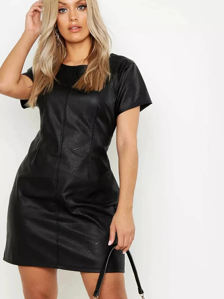 short leather dresses Women's Something to Behold Black Faux Leather Short Sleeve Belted Midi Dress | Size: S