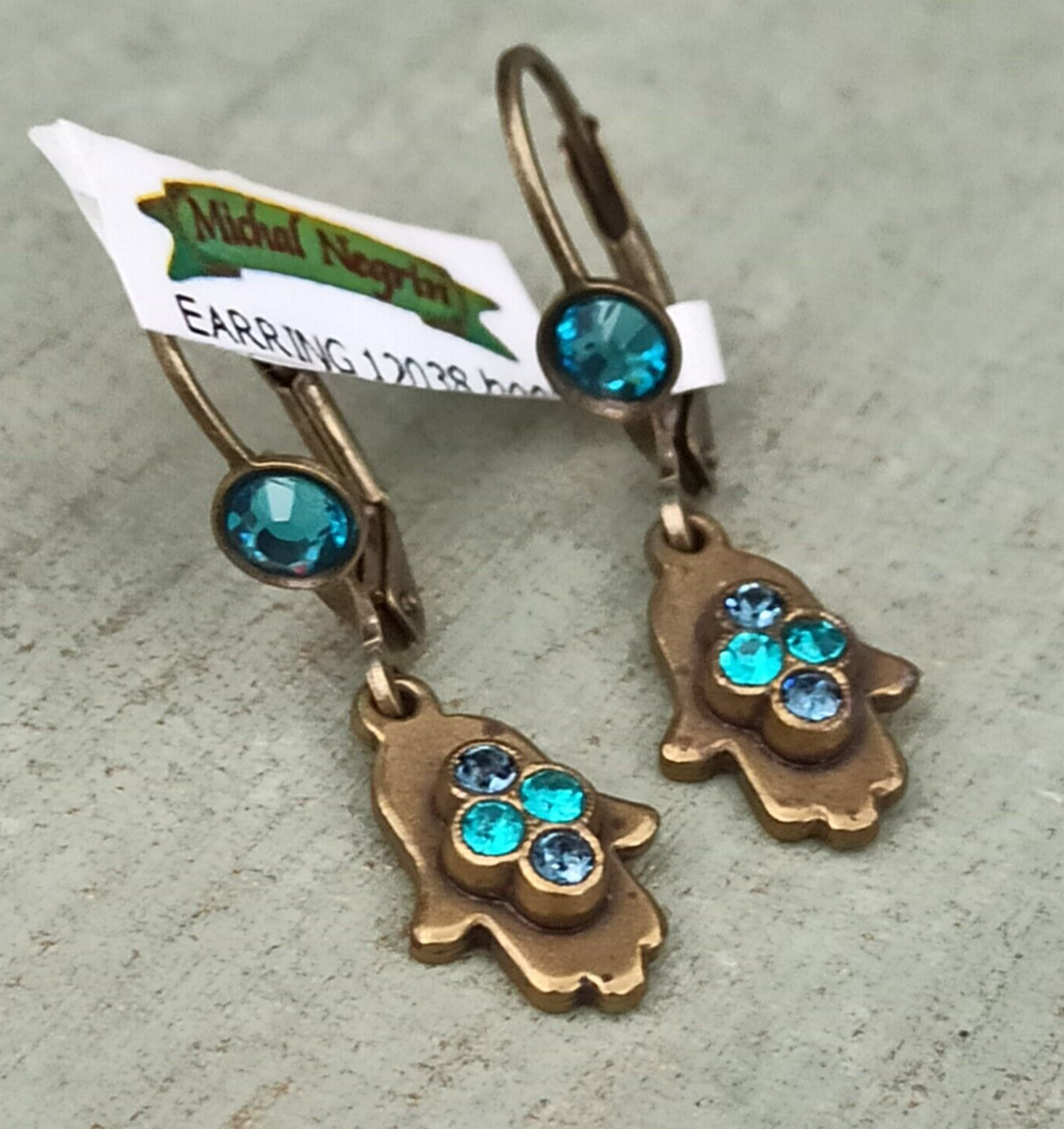 Michal Negrin Hamsa Earrings Blue Crystals Small Hand of Fatima