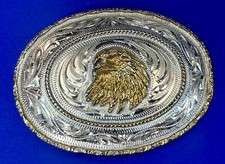 Patriotic Eagle Head Vtg Two Tone Swirl Ornate Western Belt Buckle Alpaca Mexico