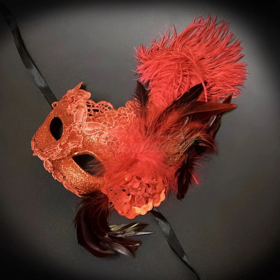 Brocado Veneciano Encaje Mardi Gras Baile de graduación Mascarada Máscara con Plumas [Rojo] Foto 3 de 4