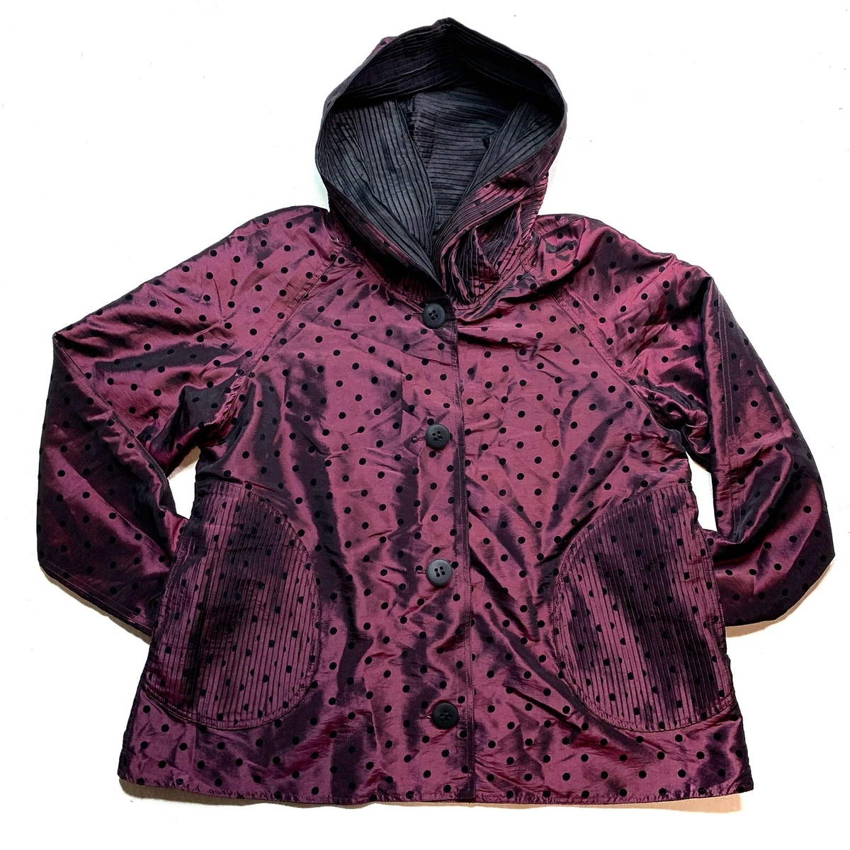 UBU Reversible Black Purple Polka Dot Coat Hooded Rain Jacket Womens Small