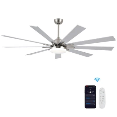 72In Modern Large Smart LED Ceiling Fan w/Light & Remote Indoor Outdoor Nickel