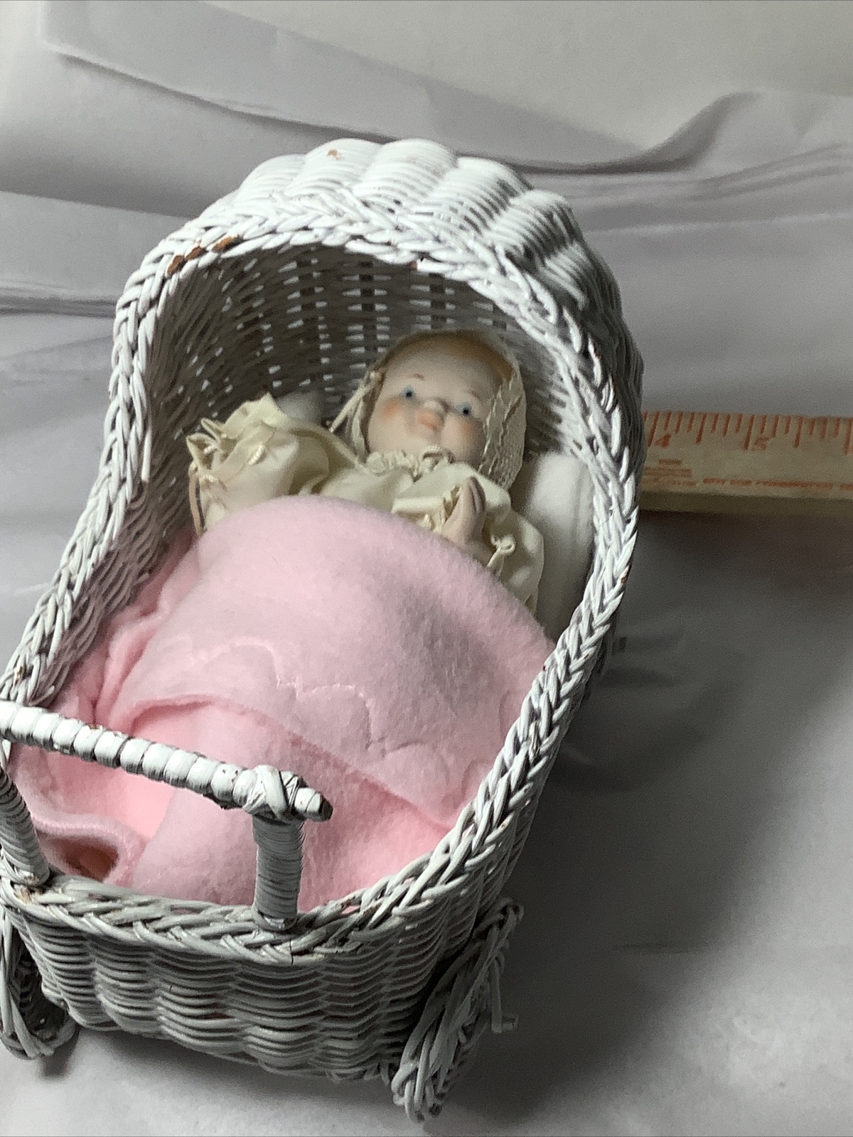 Baby Doll Porcelain  Body In Gown With Wicker Stroller.
