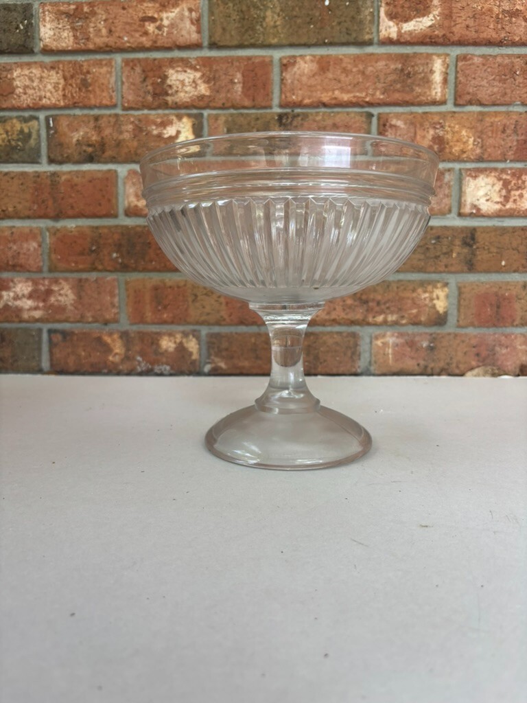 Vintage Clear Pressed Glass Ribbed Fluted Footed Compote Bowl