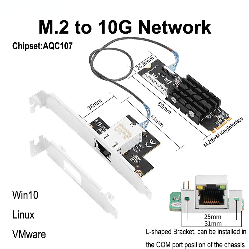 AQC107 M.2 B+Mキー 10GbE ネットワークカード　中古 M.2 to 10 G RJ45 Port Ethernet Gigabit Network Card B Key M Key