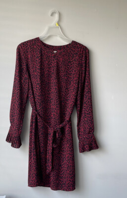Loft Animal Print Dress Women's Size Medium Red Black Belted Long