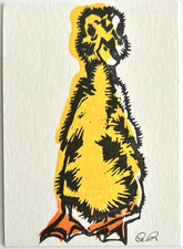 aceo original art by Emily Beck, linocut, ink, duckling 6, 3.5 x 2.5