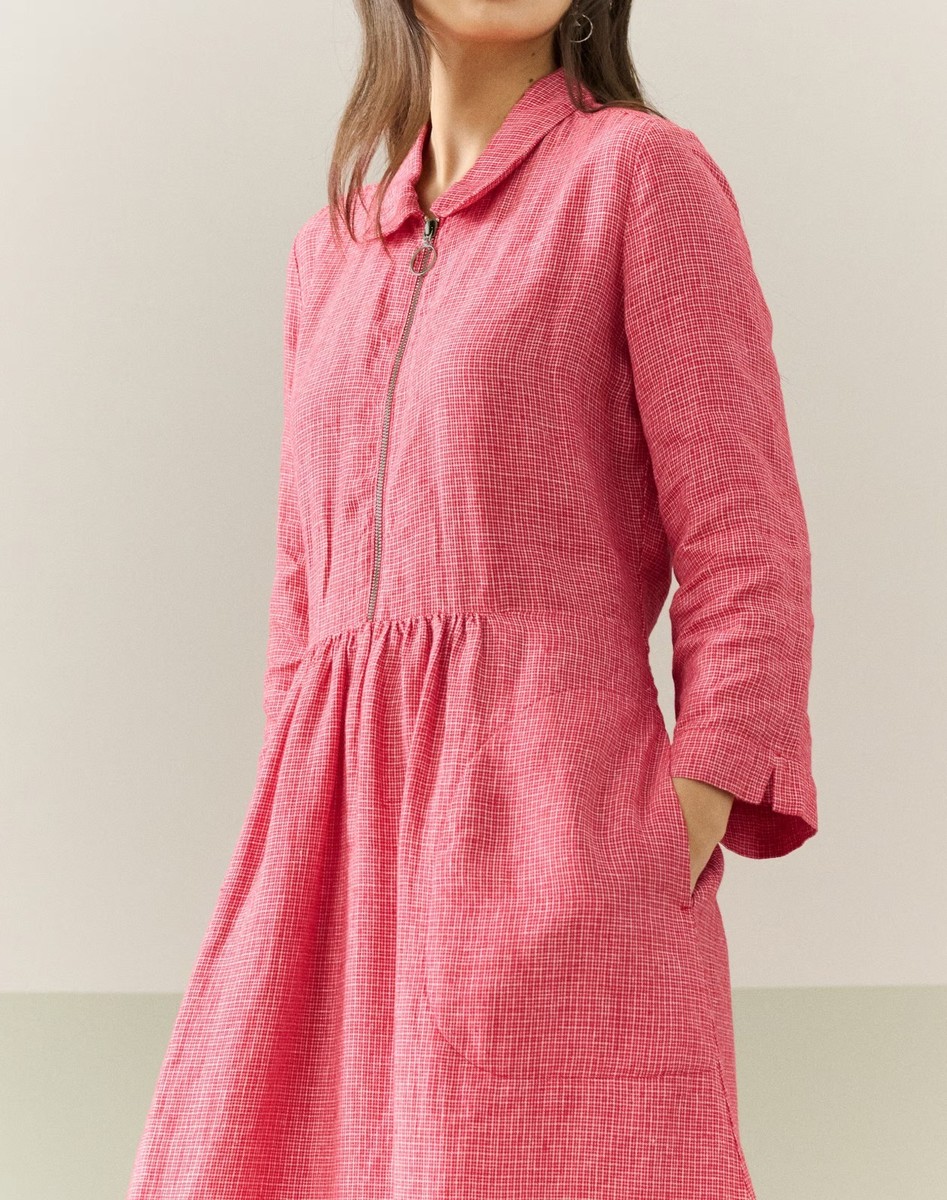 BRORA Graphic Check Front Zip Dress 100% Linen Crimson Red Relaxed (UK8  /US4) | eBay