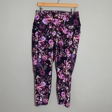 RBX Women Floral Print High Waisted Leggings Activewear Black Purple XL