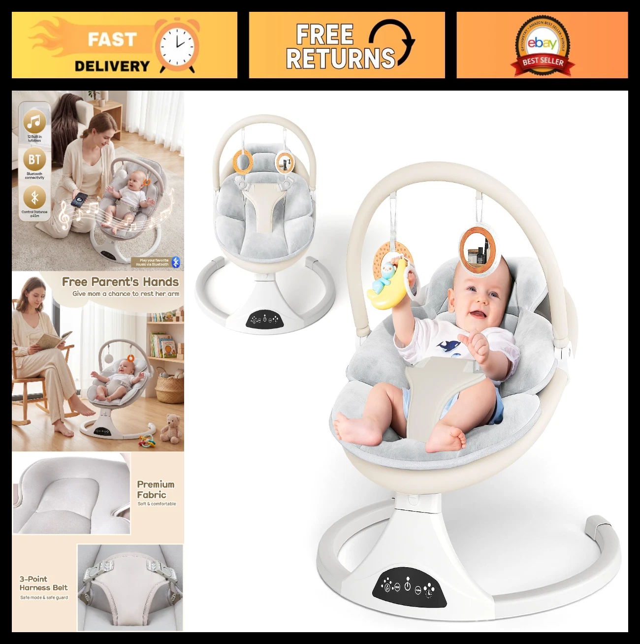 Portable Electric Baby Swing with Remote - 5 Speeds, Detachable Seat Pad, Indoor