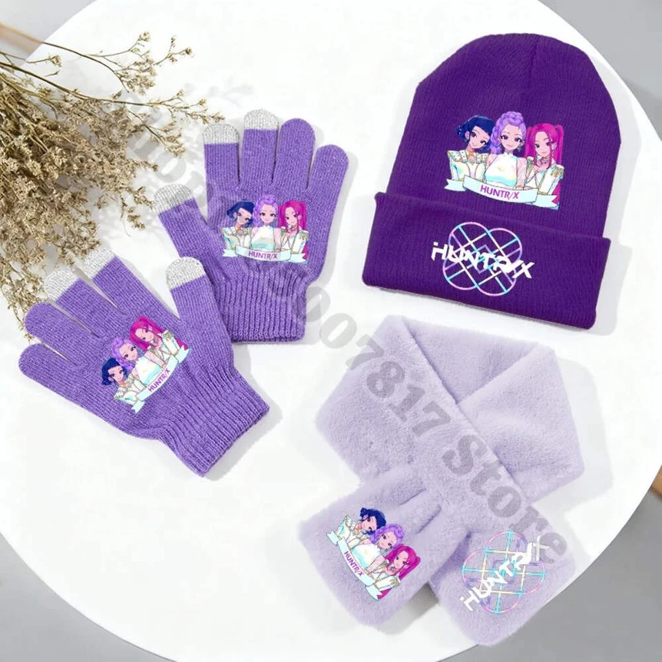 LACEY'S CRYPT KPop Demon Hunters Kids Winter Knitted Hat Scarf Gloves Set Saja Boys K-pop Merc