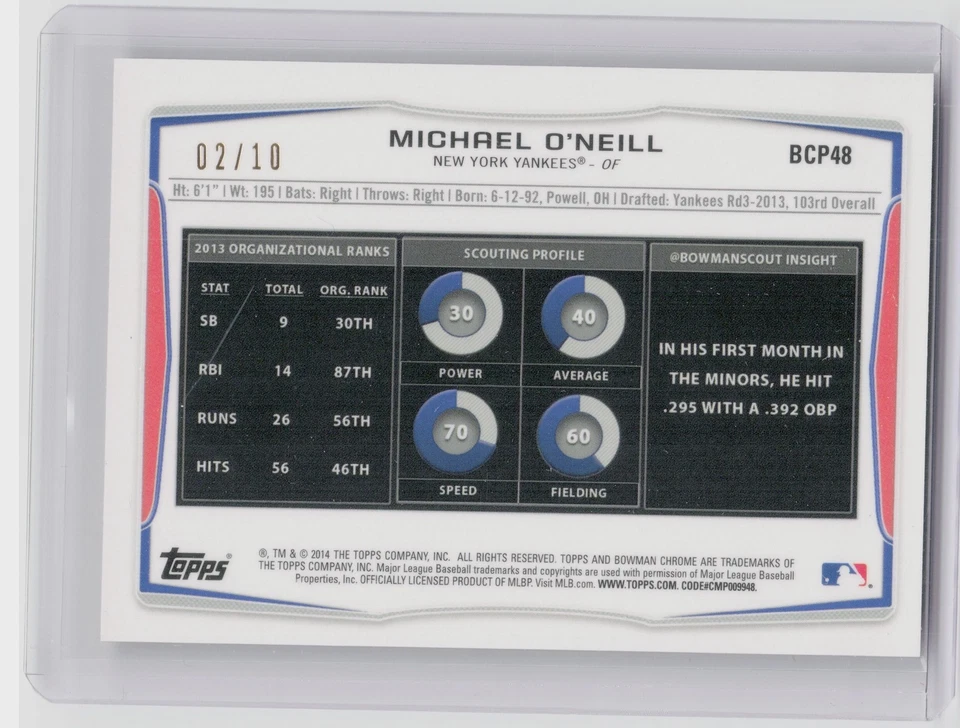 2014 Bowman Chrome Michael O'Neill /10 #BCP48 Yankees Carbon Fiber Refractor - Image 2 of 2