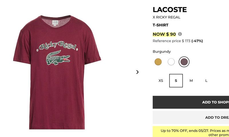 BRUNO MARS collab Lacoste Ricky Regal T shirt L burgundy
