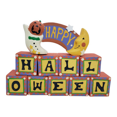 Vintage Happy Halloween Letter Blocks Cubes Pumpkin Ghost Moon Holiday Decor