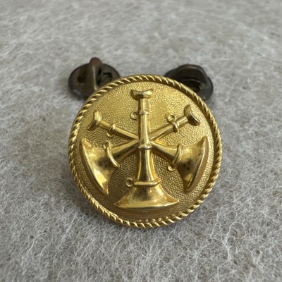 Vintage Gold Tone Fire Department Badge Pin Double Post Bugles Medallion