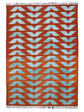Hand Knotted Cotton Dhurrie Kilim Rug Color Brown and Sky Blue Design Carpet Rug