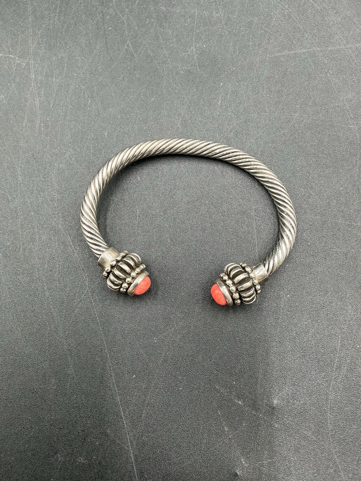 Vintage Sterling Silver Twisted Cable Cuff Bracelet with Red Coral Ornate Ends