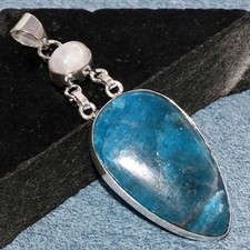 Long Blue Apatite Rainbow Moonstone 925 Silver Plated Pendant 2.8