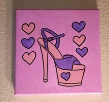 Handpainted Pink And Purple Pleaser Heel With Heart  Painting Original Signed