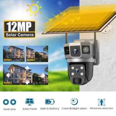 12MP Dual Lens Solar IP Camera Three Screen 4G 6K Security Outdoor WiFi Webcam