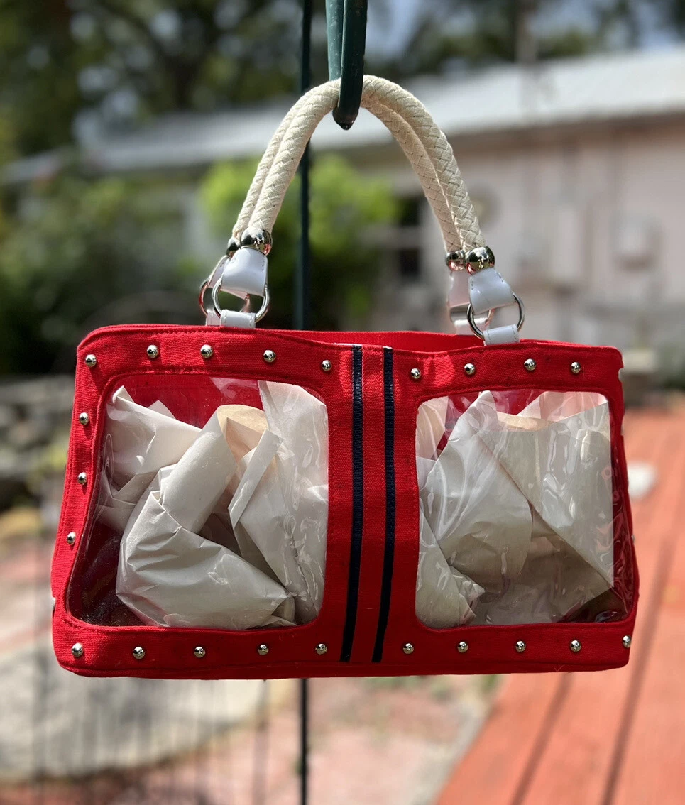Clear Studded Rope Handle See Through Red Jelly Tote Hand Bag Transparent Purse