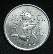 1953 Mexican 30% Silver AU/BU 25 Centavos - ROUND CAP & RAY BALANCE SCALE COIN