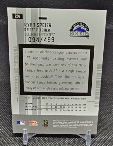 2005 Leaf Certified Materials Baseball Card #236 Ryan Speier Rookie /499 Rockies - Picture 2 of 2