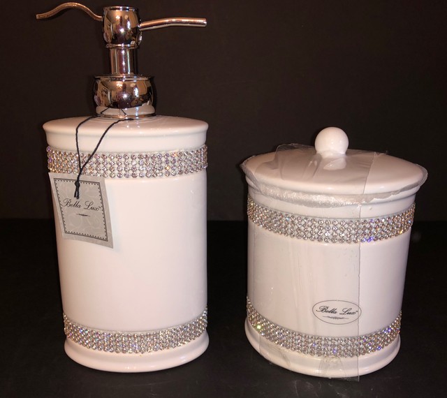 Bella Lux WHITE PORCELAIN RHINESTONE 2 PIECE BATH SET. SOAP PUMP