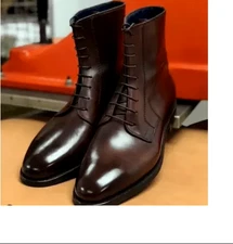 Men Brown Leather Ankle Handmade Boots with Lace up Closure, Men Leather Boots