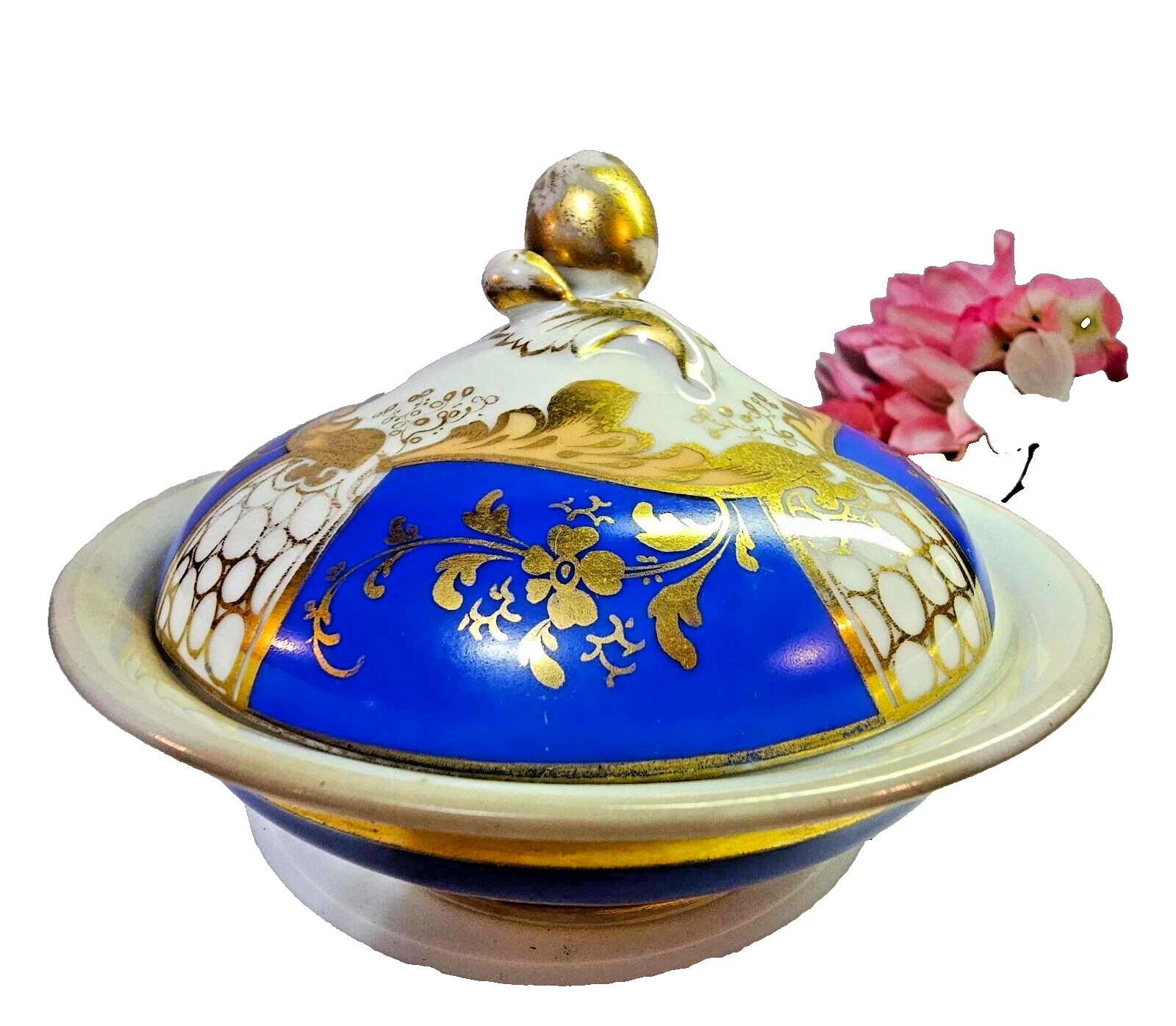 Vtg Porcelain Covered Butter Dish w Drainer-White gold blue flower leaf top-READ