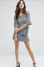 ASOS PrettyLittleThing Gingham Frill Bardot Dress Black White Ruffle Womens 12