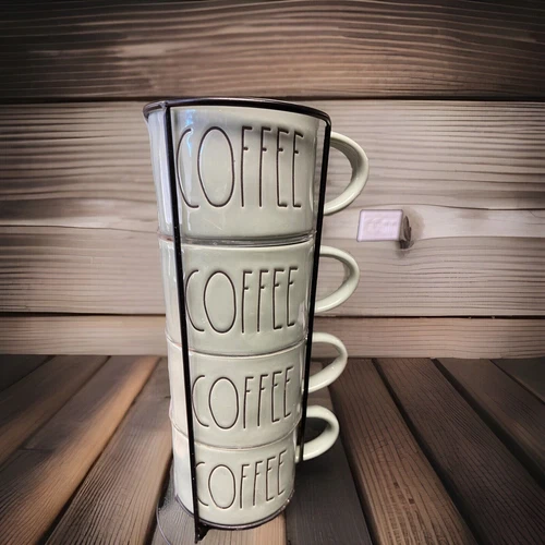 Rae Dunn  “COFFEE”. Stacking 4Mug Set W/Rack Seafoam Green. NWOT