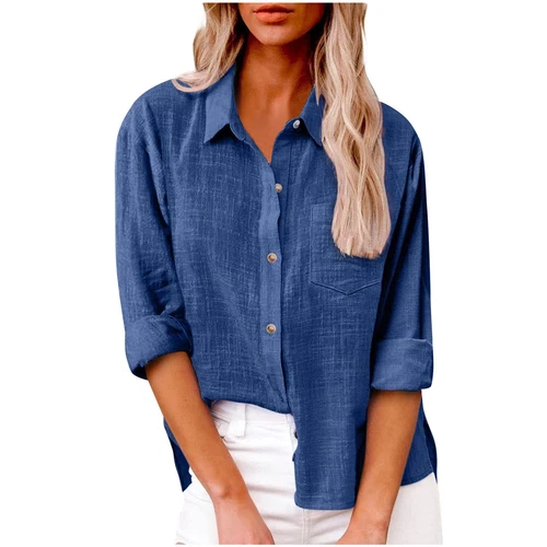 Women Linen Cotton Shirt Button Up Tops Long Sleeve Casual Loose Blouse Casual - Bild 24 von 48