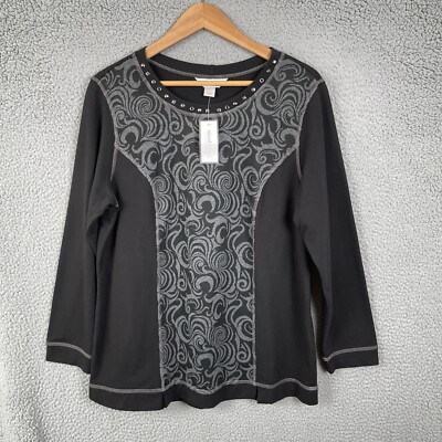 CJ Banks Top Womens X Black Gray Long Sleeve Scoop Neck Embellished Pullover