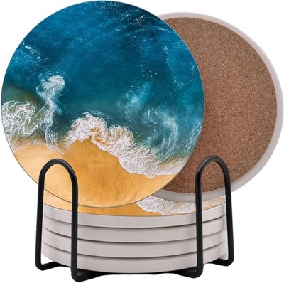 Ocean Coastal Theme round Coasters Set of 6 - Abosrbent Ceramic Coasters with Me