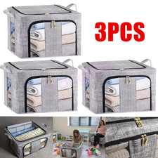3Pcs 66L Folding Storage Box Made of Thick Fabric Steel Frame Wardrobe Organizer
