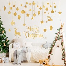 Golden Glitter Merry Christmas Wall Stickers with Reindeer, Xmas Gold Ornamen...