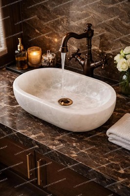 White Quartz Vessel Sink Oval Hand Carved Luxury Spa Bathroom Basin