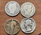 4 Silver Quarters For Sale. 2 Barber, 1 Standing Liberty, 1 Washington.