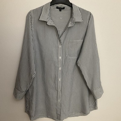 Velvet  Heart Women Tunic Top Plus Size 1X White Gray Striped Roll Tab Sleeve 